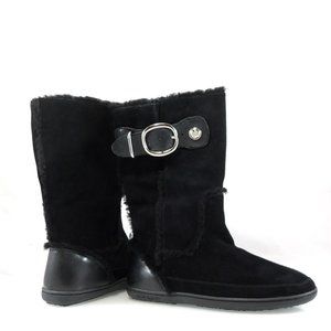 NIB COACH Mishka Buckle Logo Button Suede/Shearling Mid Shaft Flat Boots 7.5